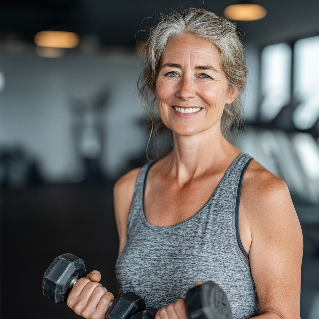 Confident mature woman in her 40s wearing athletic clothes, smiling while holding dumbbells in a modern gym setting