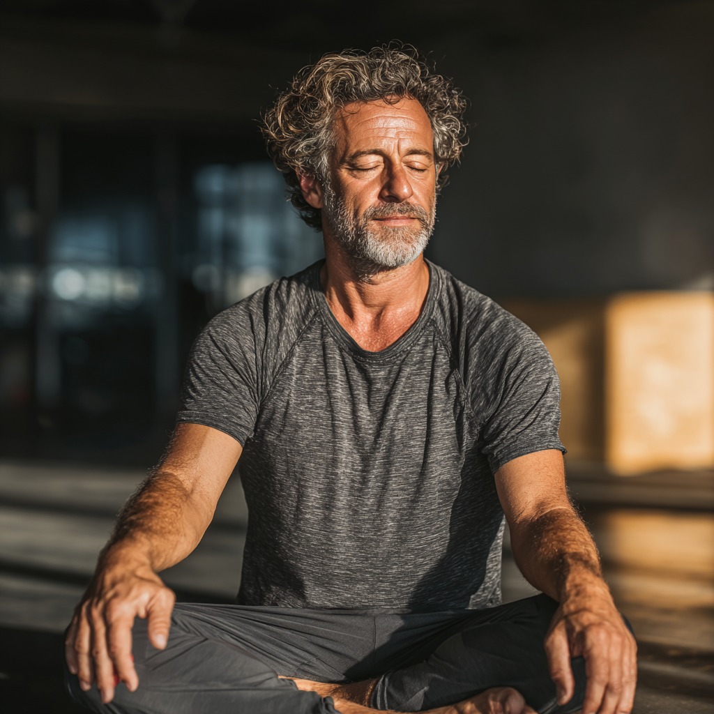 Happy mature man in his 50s wearing workout clothes, doing stretching exercises in a bright fitness studio with natural lighting
